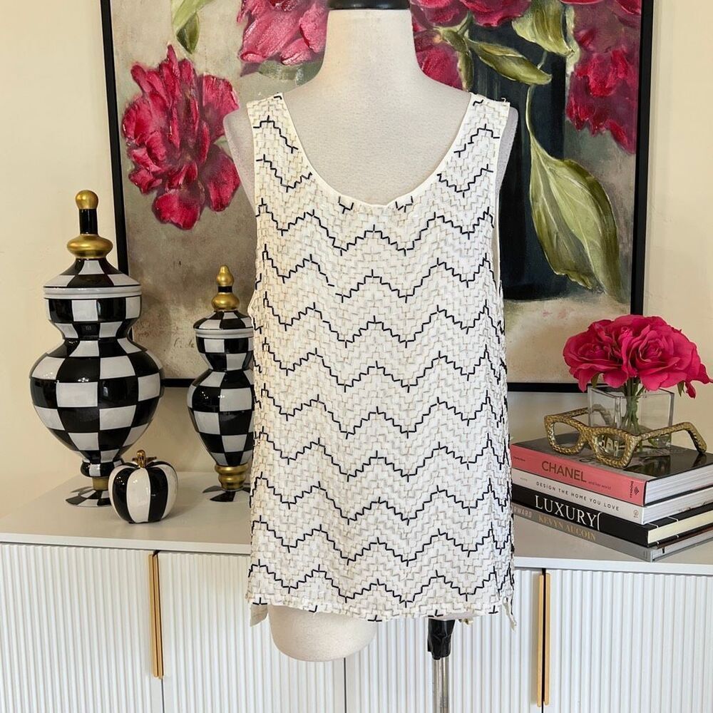 Parker Women's Beaded Chevron 100% Silk Cutout Back Tank Top Multicolor Medium